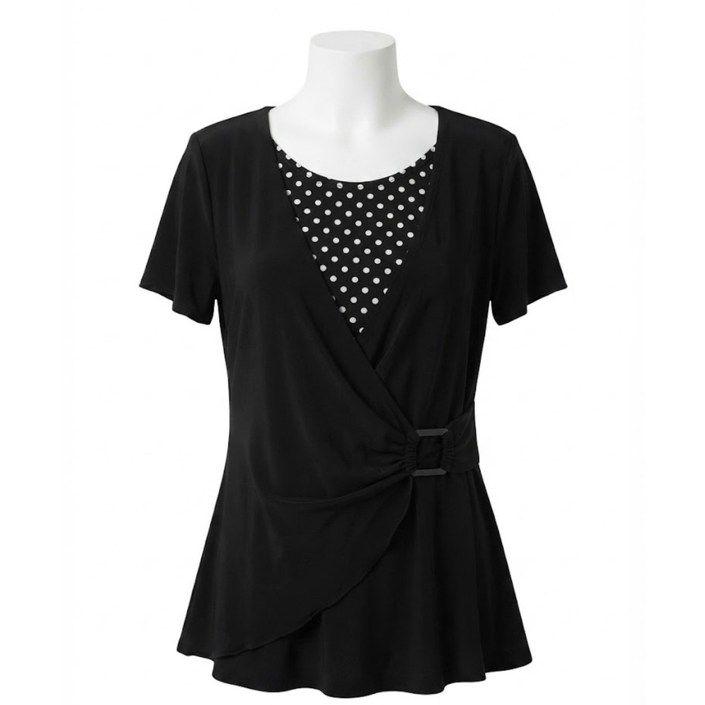 Carole Little Black Polka Dot Faux Wrap Top Buckle Accent Short Sleeve XL